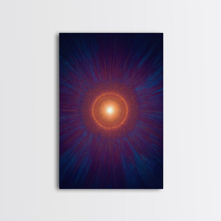 Radiant Orange Cosmic Halo With Blue Purple Rays Wall Art, Midcentury Modern Art, Abstract Space Poster, Mcm Wall Decor Print