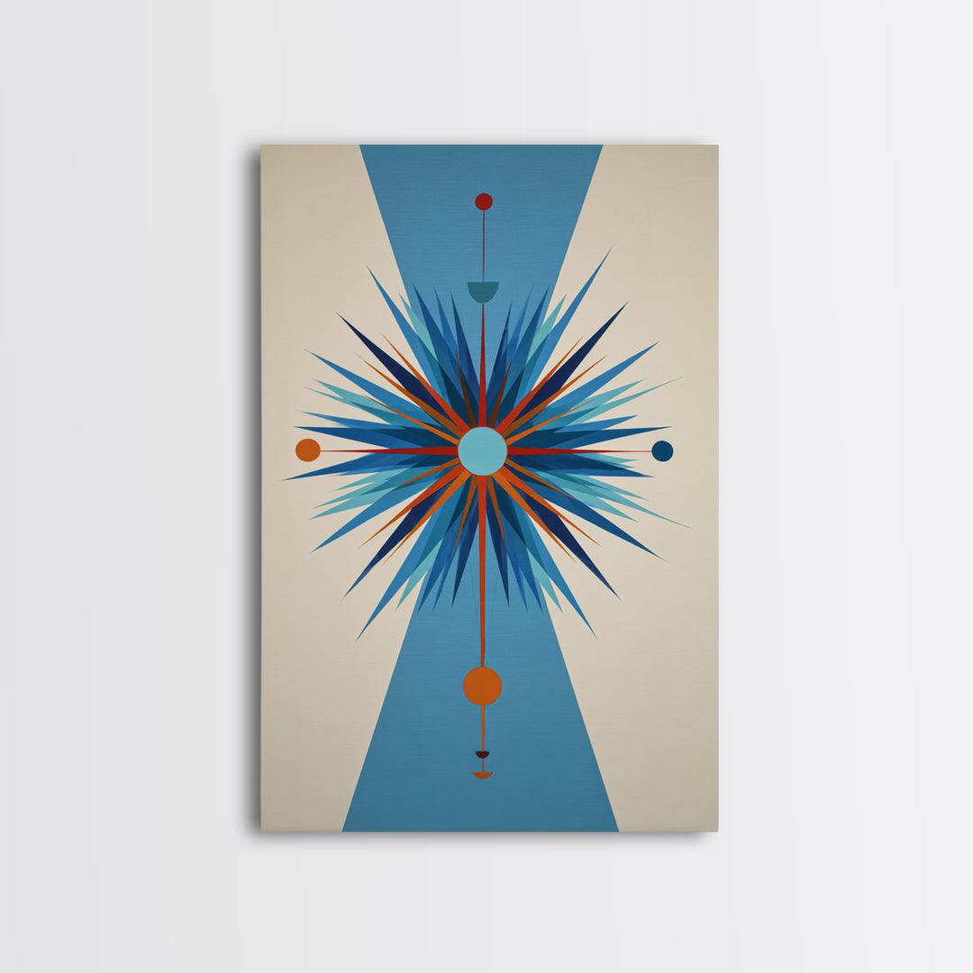 Blue Orange Atomic Starburst On Beige Canvas Print, Midcentury Modern Art, Geometric Wall Art, Retro Mcm Home Decor, 50s Art Print
