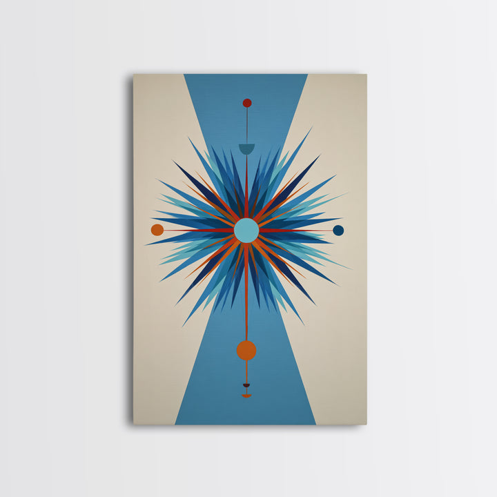 Blue Orange Atomic Starburst On Beige Canvas Print, Midcentury Modern Art, Geometric Wall Art, Retro Mcm Home Decor, 50s Art Print