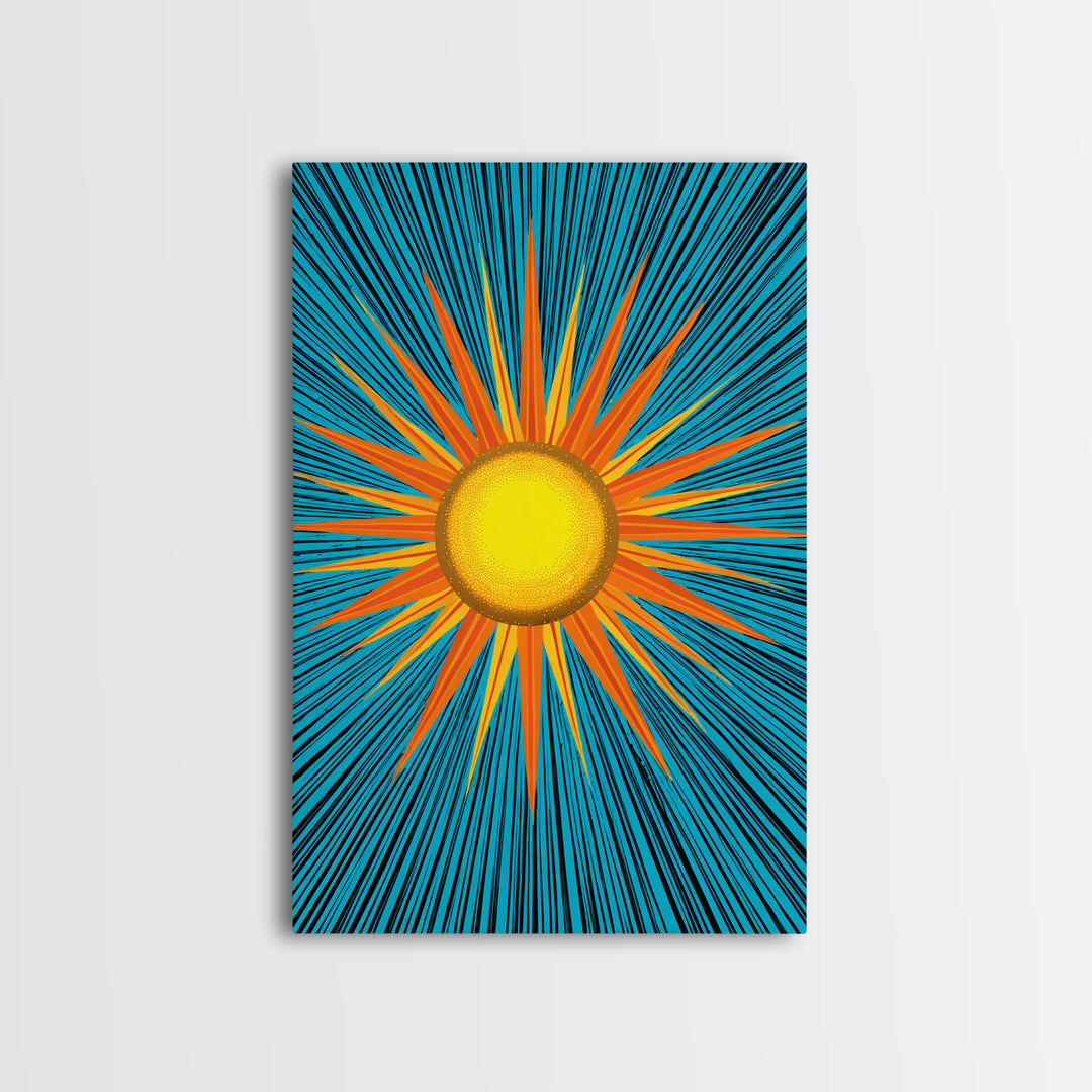 Bright Yellow Sunburst With Turquoise Rays Wall Art, Midcentury Sun, Modern Abstract Art, Retro Pop Art Poster Print, Living Room Decor