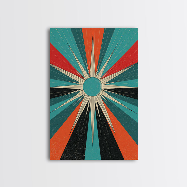 Teal Orange Retro Compass Starburst Framed Canvas Print, Midcentury Wall Art, Geometric Abstract, Atomic Mcm Wall Decor Print