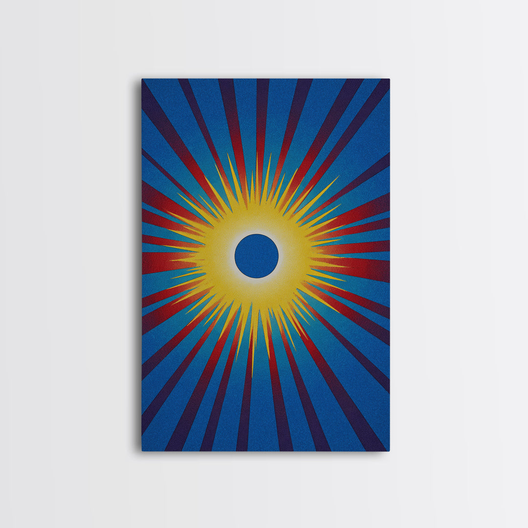 Blue Eclipse Sun With Yellow Burst Wall Art, Midcentury Modern, Space Abstract Art, Retro Poster, Bold Mcm Wall Decor Print