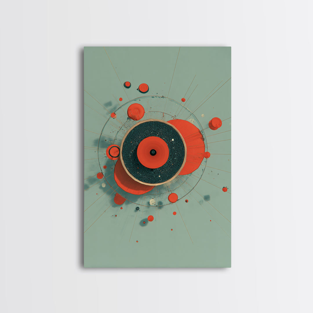 Red Teal Circular Planet Orbit Abstraction Framed Canvas Print, Modern Contemporary Art, Geometric Wall Art, Retro Home Decor