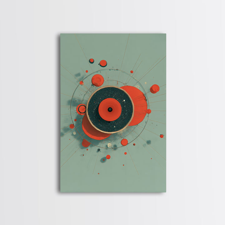 Red Teal Circular Planet Orbit Abstraction Framed Canvas Print, Modern Contemporary Art, Geometric Wall Art, Retro Home Decor