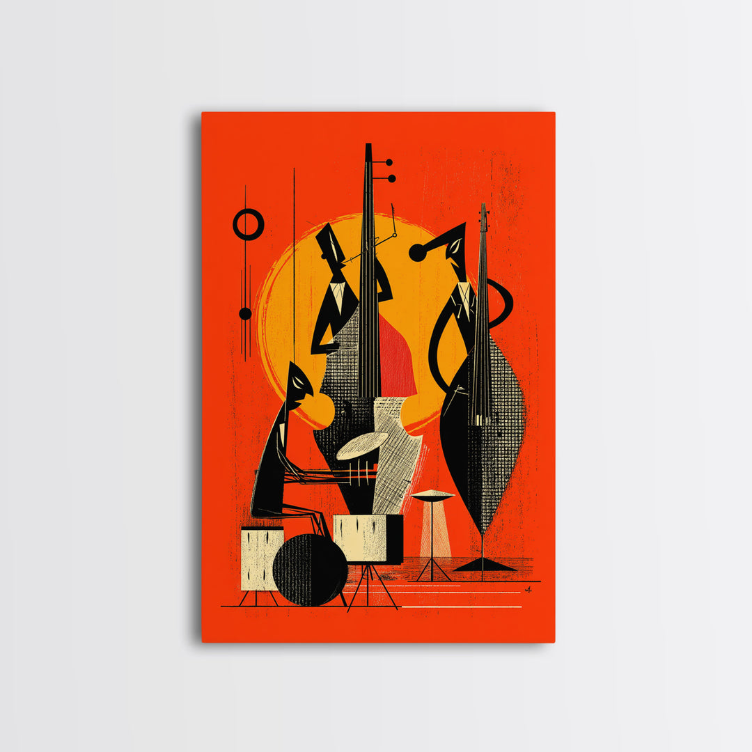 Orange Midcentury Jazz Musicians, Canvas Print, Mid Century Modern Wall Decor, Atomic Abstract Art Poster, Bold Mcm Artwork