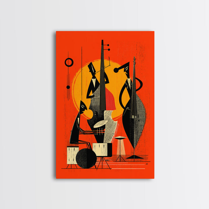 Orange Midcentury Jazz Musicians, Canvas Print, Mid Century Modern Wall Decor, Atomic Abstract Art Poster, Bold Mcm Artwork