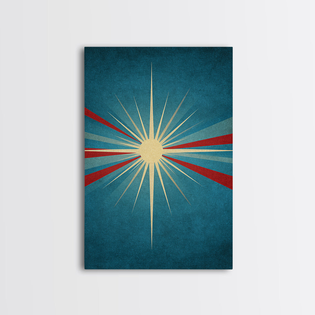 Minimal Teal Starburst With Red Rays Canvas Print, Midcentury Modern Wall Art, Atomic Retro Poster, Mcm Home Decor Print
