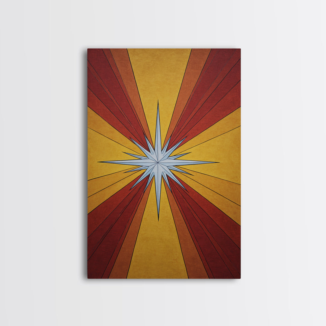 Red Gold Compass Star Canvas Print, Midcentury Modern Art, Atomic Retro Poster, Geometric Wall Decor, 1960s MCM Print Gift