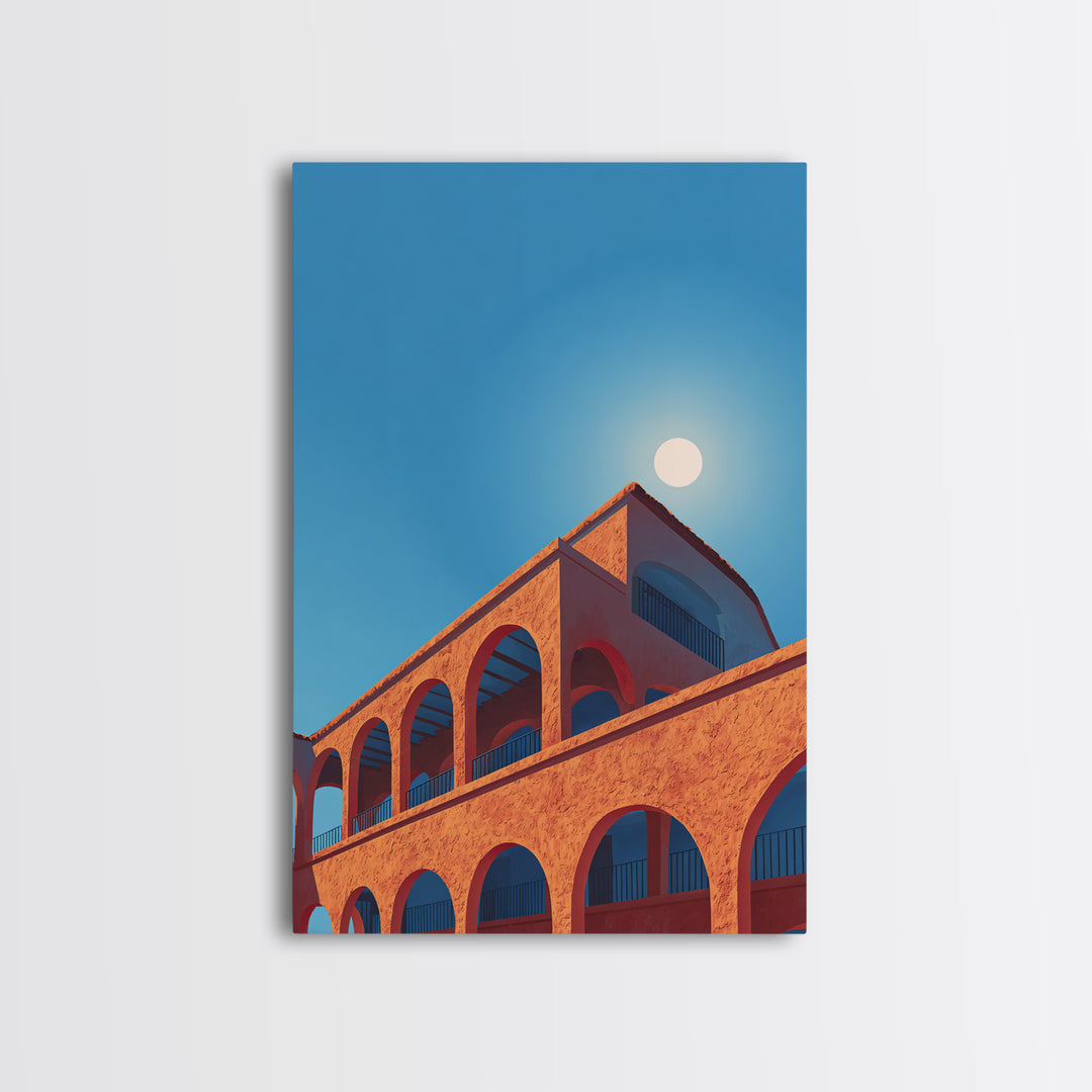 Terracotta Arcade With White Sun Wall Art, Modern Architectural Art, Palm Springs Decor, Orange Blue Travel Poster, MCM Print