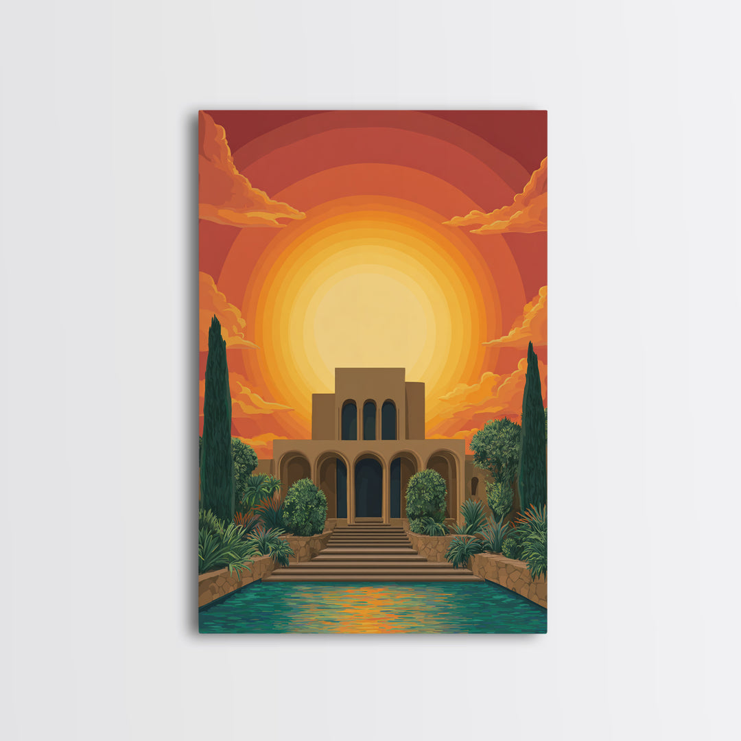 Art Deco Villa Sunset Canvas Print, Midcentury Modern Wall Art, Orange Sun Poster, Tropical Garden Living Room Decor Print
