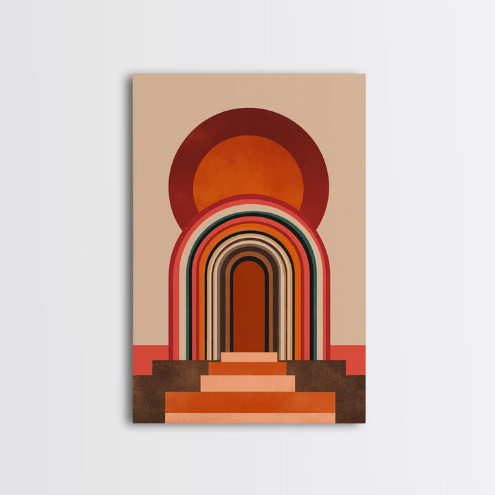 Layered Rainbow Arch Doorway Wall Art, Midcentury Abstract Poster, Geometric Wall Decor, 70s Art Print, Warm Orange MCM Style