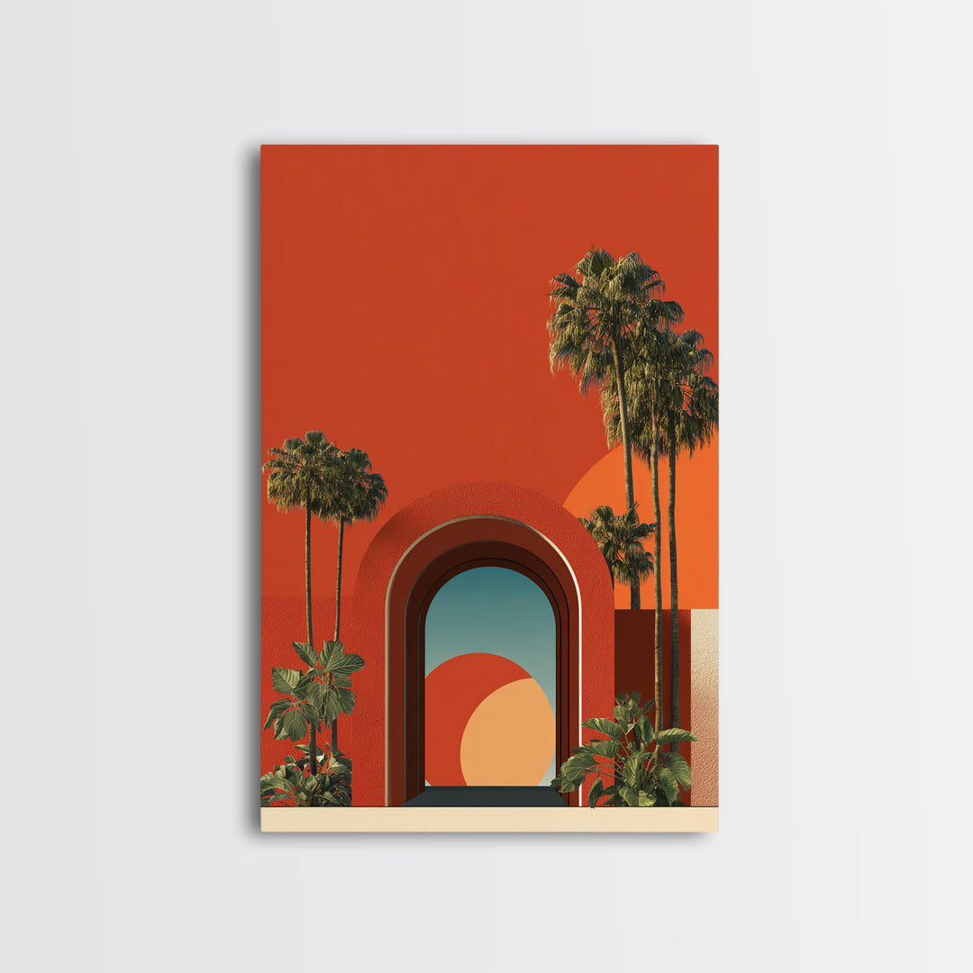 Red Orange Palm Springs Portal Wall Art, Retro Desert Print, Midcentury Modern Decor, Tropical Wall Decor, Bold MCM Poster