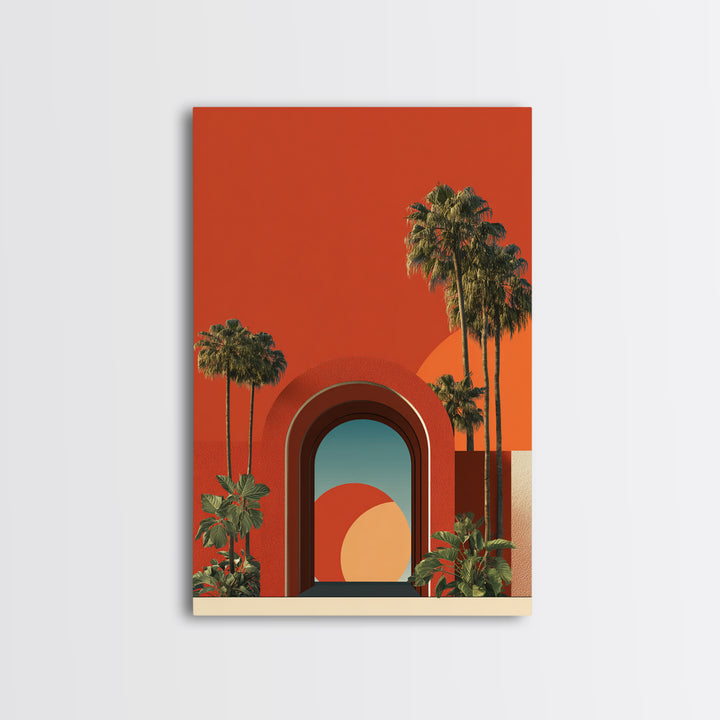 Red Orange Palm Springs Portal Wall Art, Retro Desert Print, Midcentury Modern Decor, Tropical Wall Decor, Bold MCM Poster