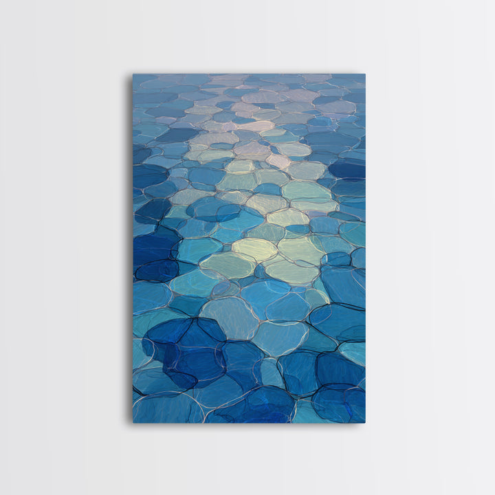 Blue Mosaic Water Path, Framed Canvas Print, Abstract Wall Art, Coastal Modern Decor, Calm Geometric Art For Bedroom And Home