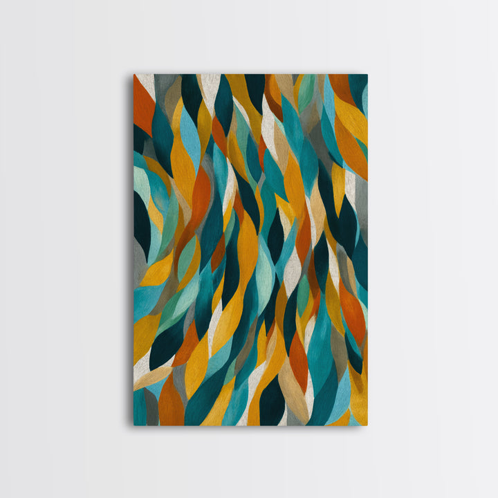 Layered Teal Mustard Leaf Abstract Wall Art, Mid Century Modern Canvas Print, Retro Geometric Statement Living Room Decor