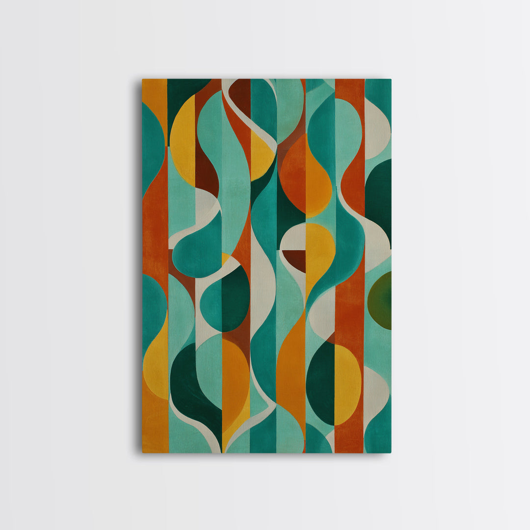 Teal Orange Circle Stripe Canvas Print, Mid Century Modern Wall Art, Bold Geometric Abstract Living Room Retro Home Decor
