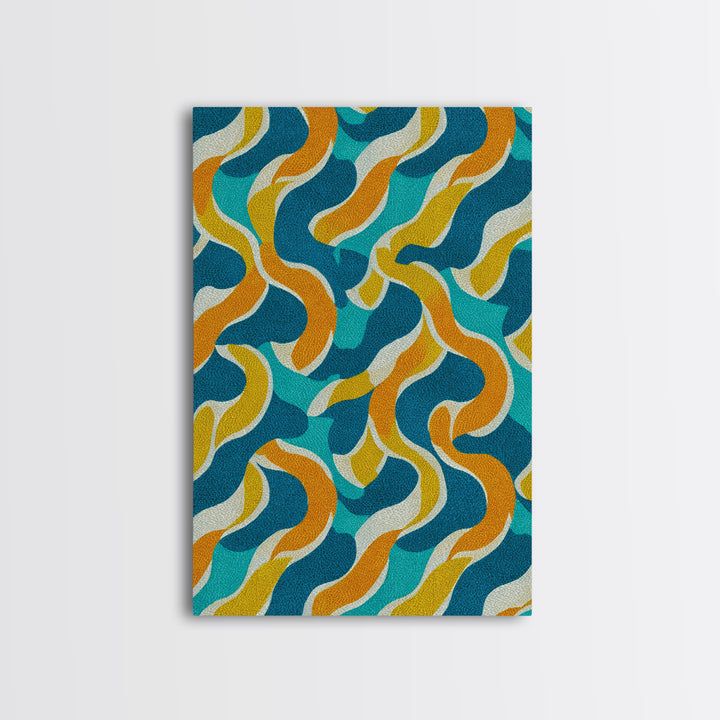 Wavy Teal Gold Ribbon Abstract Wall Art, Mid Century Modern Canvas Print, Retro Geometric Pattern Bedroom Living Room Decor