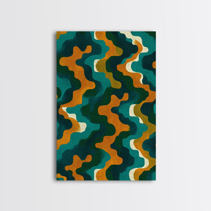 Organic Teal Orange Wave Abstract Wall Art, Mid Century Modern Canvas Print, Retro Groovy Funky Pattern Living Room Decor