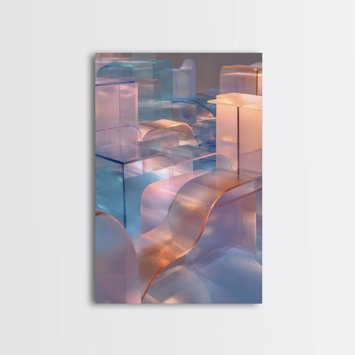 Pastel Glass City Blocks, Canvas Print, Modern Abstract Art, Architectural Wall Decor, Soft Blue Pink Home Office Artwork