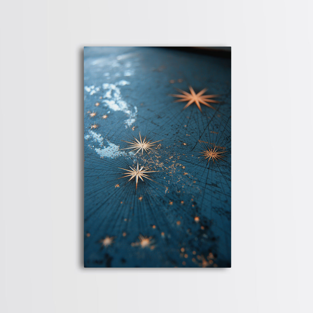 Gold Starburst Night Sky Wall Art, Blue Celestial Abstract Print, Midcentury Modern Decor, Bedroom And Living Room Decor