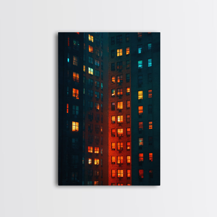 Glowing Apartment Windows Wall Art, Urban Night Photography Print, Modern Wall Decor, Cityscape Poster For Loft Living Room