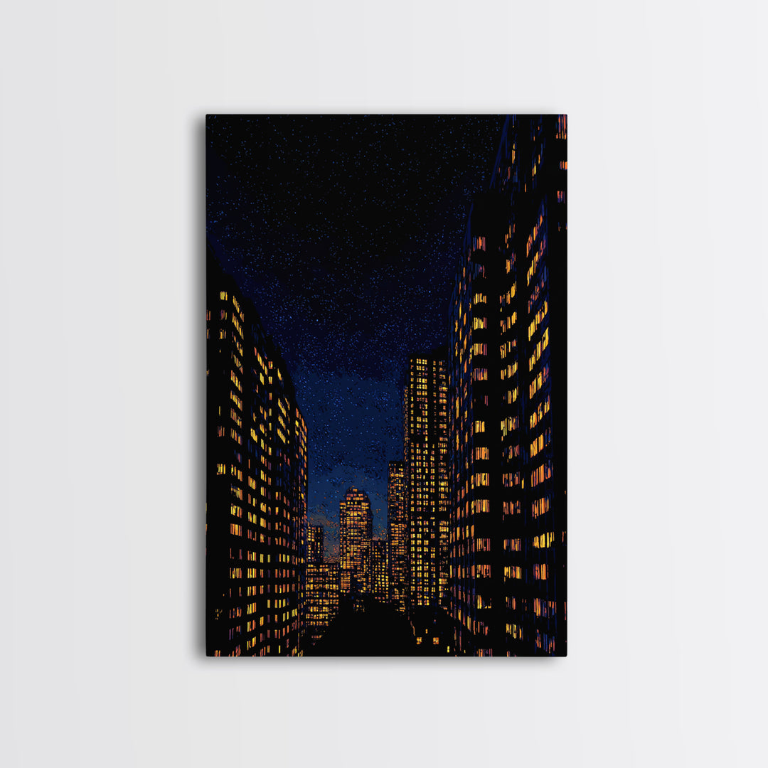 Starry City Street Canvas Print, Night Skyline Between Tall Buildings, Modern Wall Art Decor, Urban Poster For Home Office