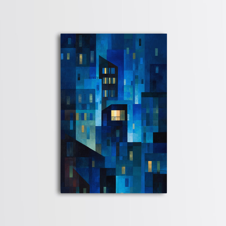 Abstract Blue City Blocks Wall Art, Geometric Night Buildings Print, Midcentury Modern Decor, Contemporary Living Room Art