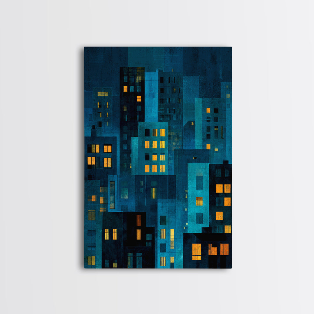 Moody Blue Urban Skyline Wall Art, Abstract City Windows Print, Midcentury Modern Wall Decor, Office And Living Room Poster