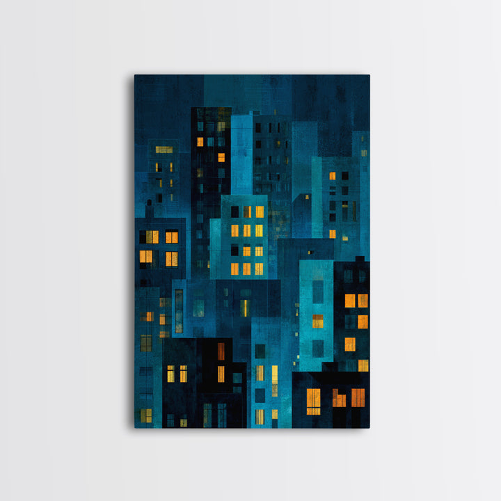 Moody Blue Urban Skyline Wall Art, Abstract City Windows Print, Midcentury Modern Wall Decor, Office And Living Room Poster