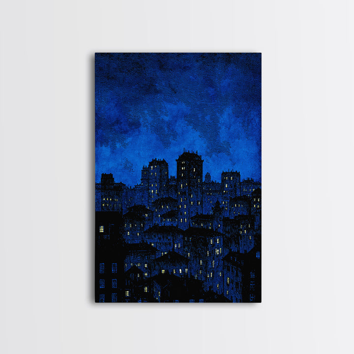 Indigo Linocut Cityscape Canvas Print, Night Skyline Wall Art, Blue Modern Art Print, Urban Home Office Decor Poster Gift
