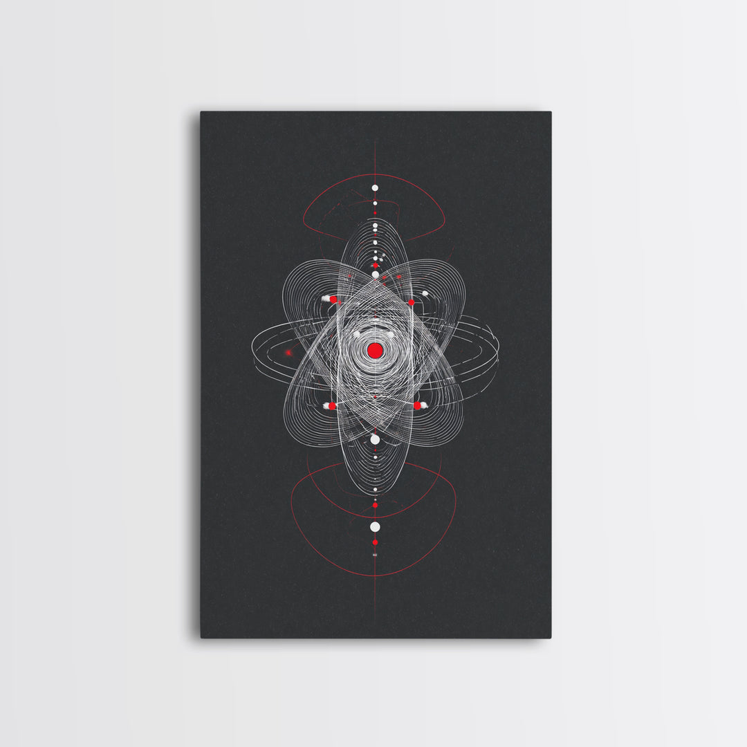 Atomic Orbit Geometry Wall Art, Red White Abstract Line Print, Midcentury Modern Decor, Space Sci Fi Poster For Office Studio