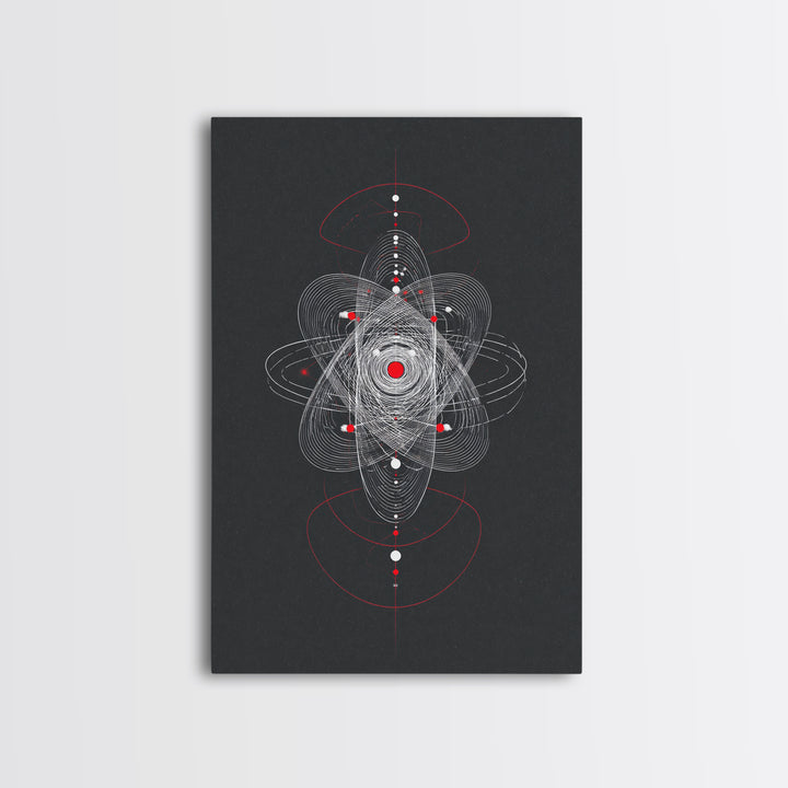 Atomic Orbit Geometry Wall Art, Red White Abstract Line Print, Midcentury Modern Decor, Space Sci Fi Poster For Office Studio