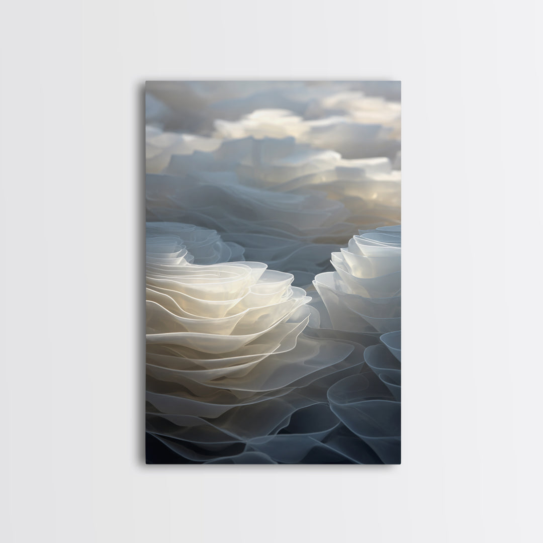 White Layered Petal Waves, Framed Canvas Print, Minimalist Wall Art, Neutral Abstract Decor, Soft Botanical Modern Artwork
