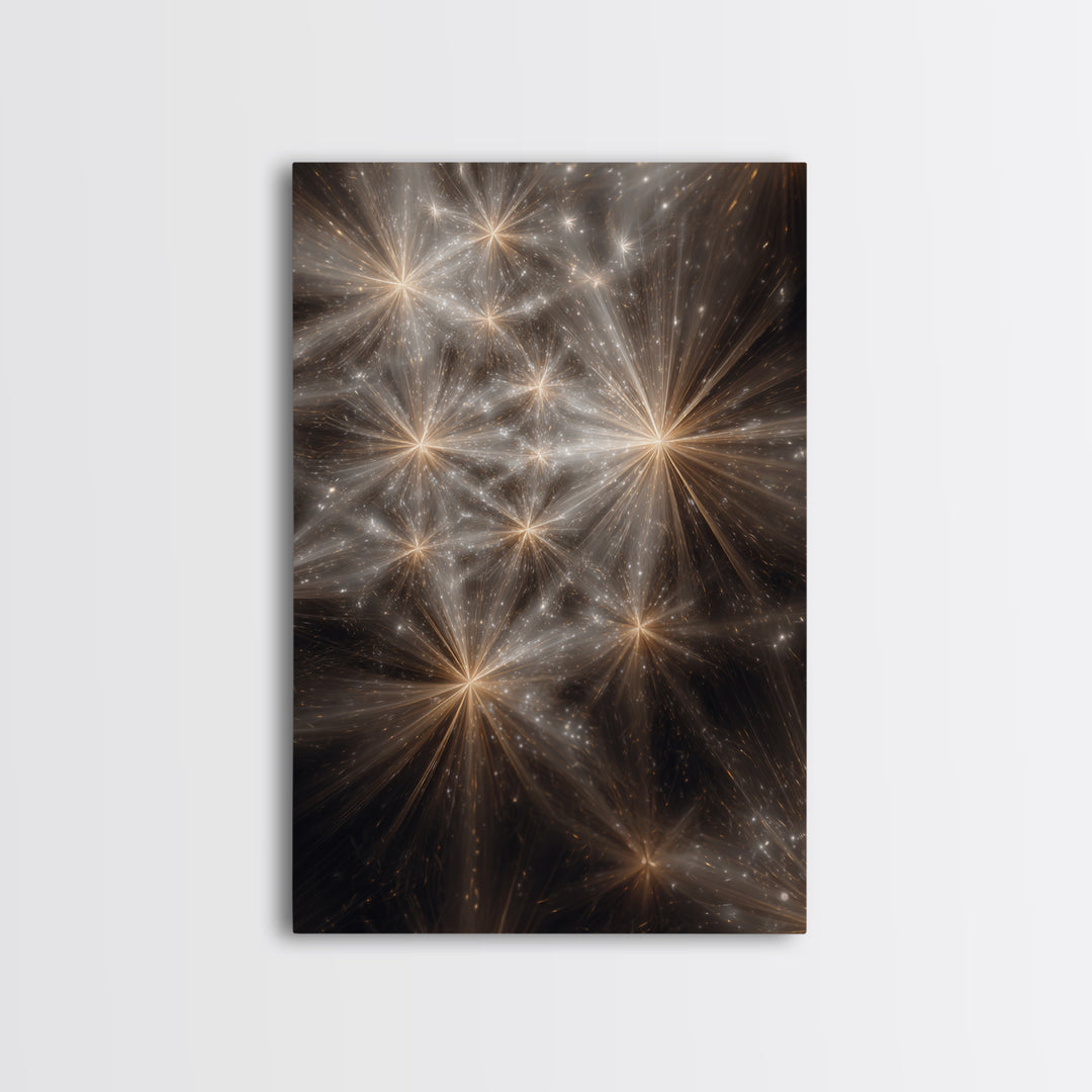 Golden Cosmic Starburst Network Framed Canvas Print, Space Abstract Art, Modern Wall Art, Statement Wall Decor, Luxury Home Decor