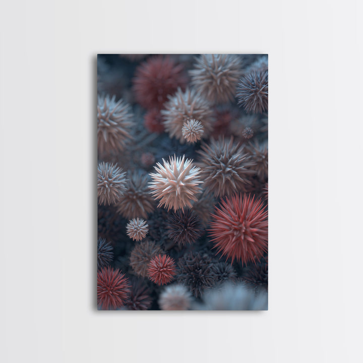 Surreal Spiky Coral Urchin Abstract Canvas Print, Blue Red Modern Art Print, Nature Wall Art Decor, Coastal Statement Piece