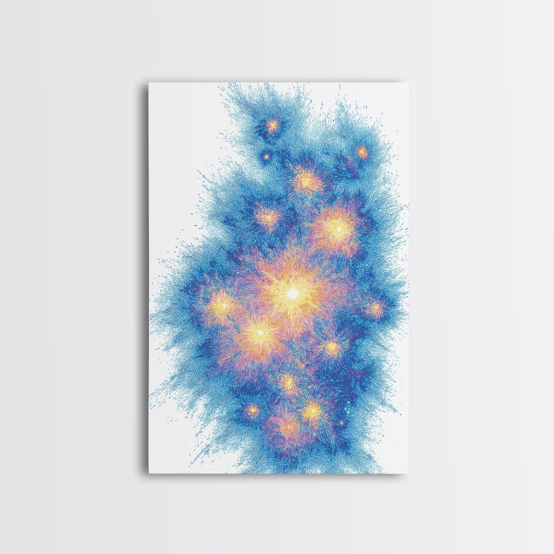 Blue Gold Particle Burst Abstract Wall Art, Modern Digital Art Print, Space Abstract Art, Colorful Poster, Home Office Decor