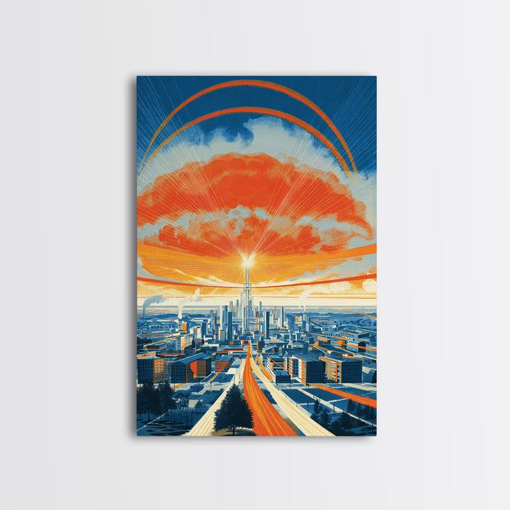 Retro Futurist City Sunset Wall Art, Orange Blue Midcentury Modern Poster, Architectural Art, Travel Wall Decor, Large Print