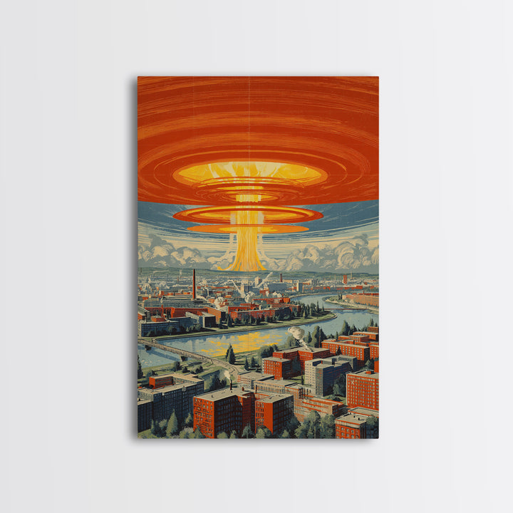 Retro Futuristic City With Orange Saucer Beam, Canvas Print, Mid Century Modern Wall Art, Sci Fi Poster, Atomic MCM Decor