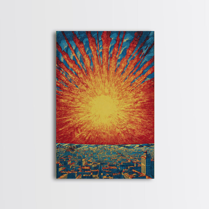 Fiery Solar Burst Over City Skyline, Wall Art, Mid Century Modern Art Print, Retro Sci Fi Poster, Atomic Orange Home Decor