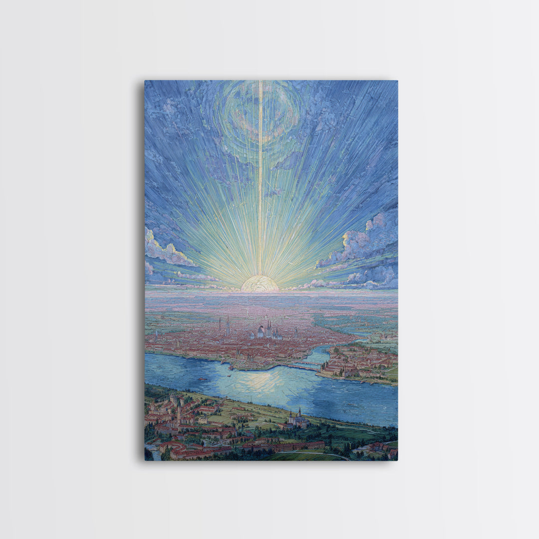 Pastel Sunrise Over Historic Waterfront City, Framed Canvas Print, Modern Wall Art, Scenic Travel Poster, Blue Home Decor