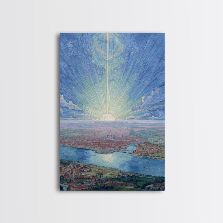Pastel Sunrise Over Historic Waterfront City, Framed Canvas Print, Modern Wall Art, Scenic Travel Poster, Blue Home Decor