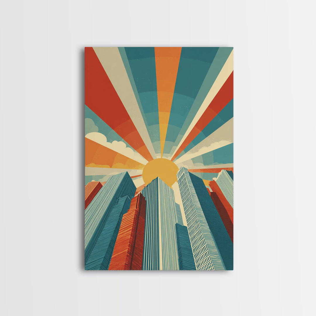 Low Angle Skyscrapers With Radiant Sun, Canvas Print, Mid Century Modern Wall Art, Geometric Poster, Retro Office Decor Print