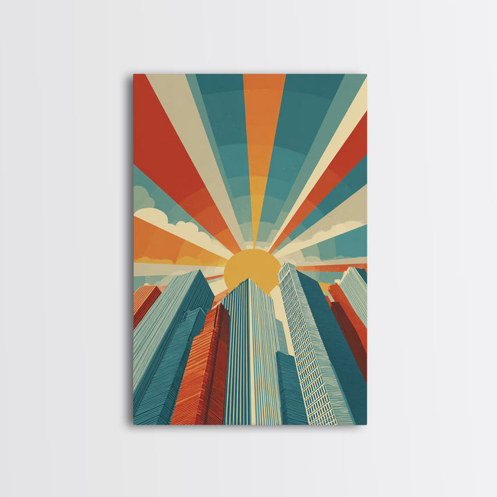 Low Angle Skyscrapers With Radiant Sun, Canvas Print, Mid Century Modern Wall Art, Geometric Poster, Retro Office Decor Print