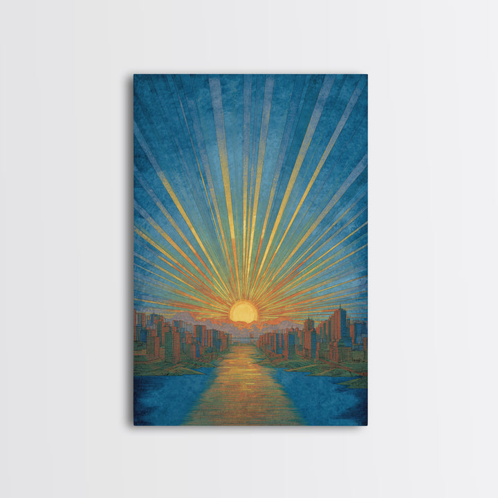 Blue River Sunset Over Modern City Skyline, Wall Art, Mid Century Modern Art Print, Retro Sun Poster, Teal Orange Decor