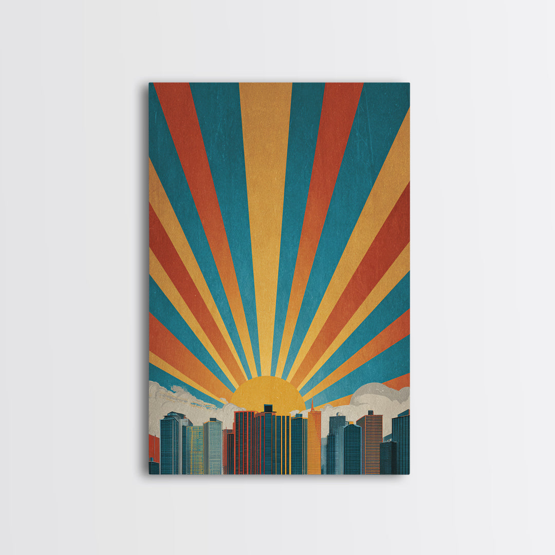 Bold Sunrise Behind Downtown Skyline, Canvas Print, Mid Century Modern Wall Art, Retro Geometric Poster, Teal Orange Decor