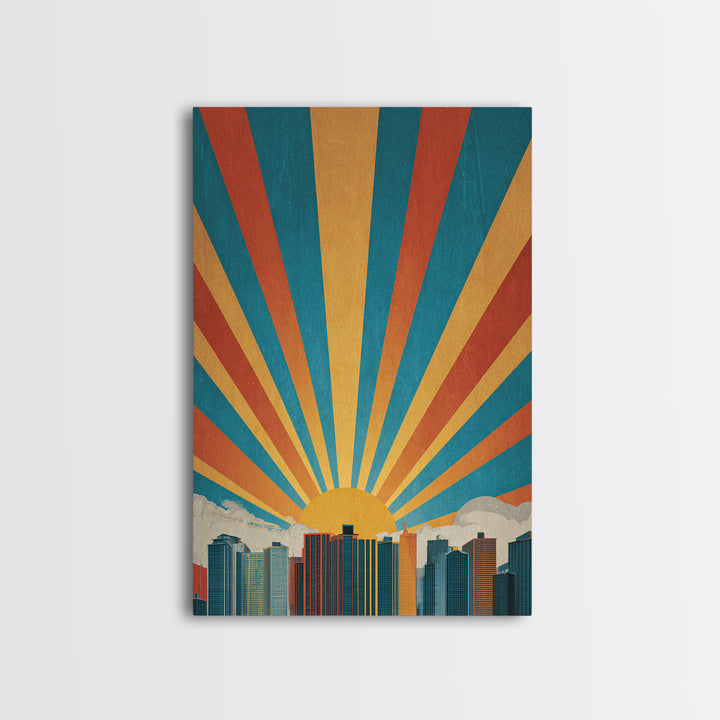Bold Sunrise Behind Downtown Skyline, Canvas Print, Mid Century Modern Wall Art, Retro Geometric Poster, Teal Orange Decor