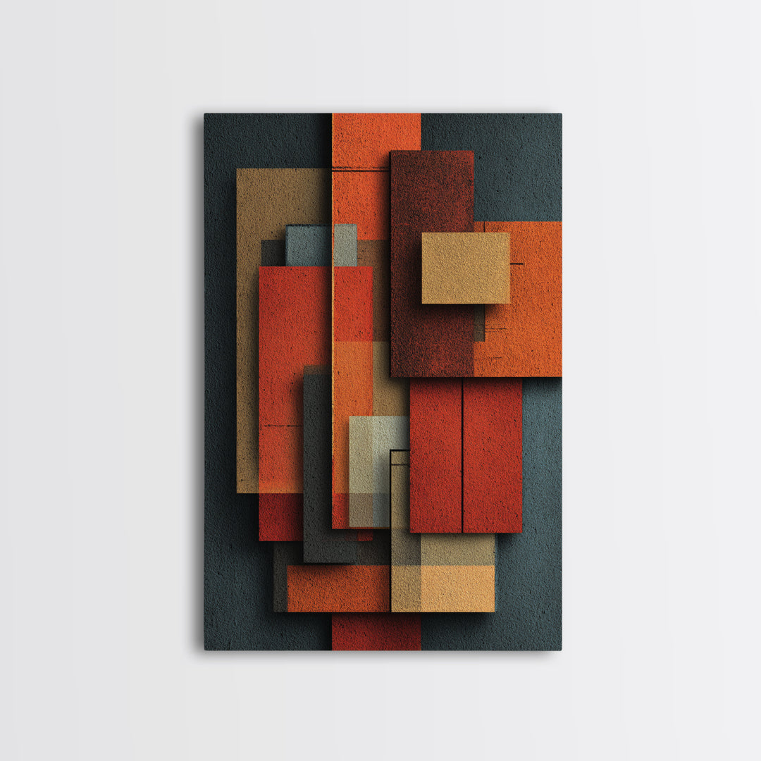 Rust Orange Teal Rectangles Framed Canvas Print, Midcentury Modern Geometric Wall Art, Atomic MCM Decor, Bold Abstract Painting