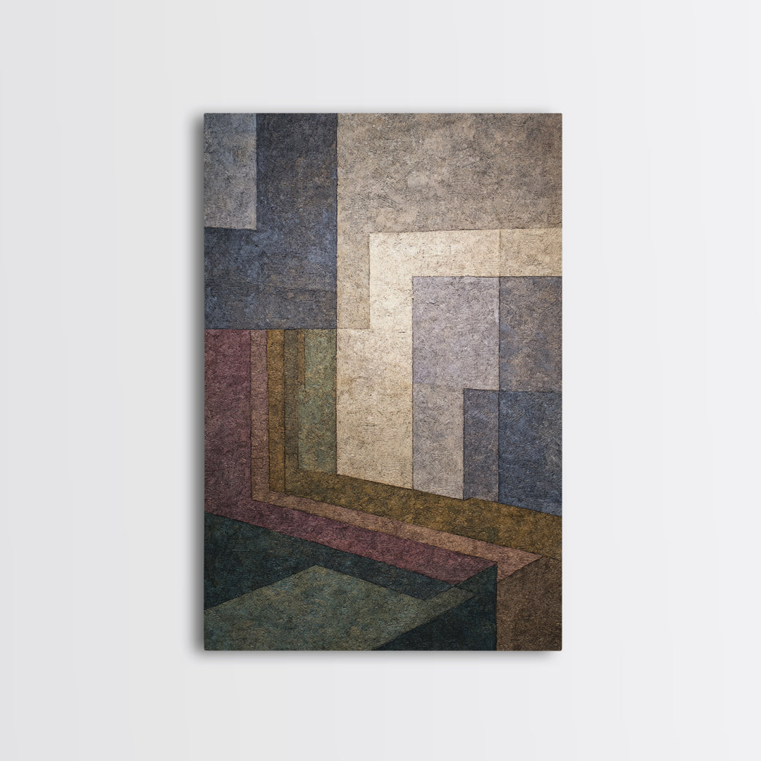 Moody Architectural Geometry Wall Art, Midcentury Modern Abstract Print, Neutral Blue Mauve Decor, Perspective Office Art