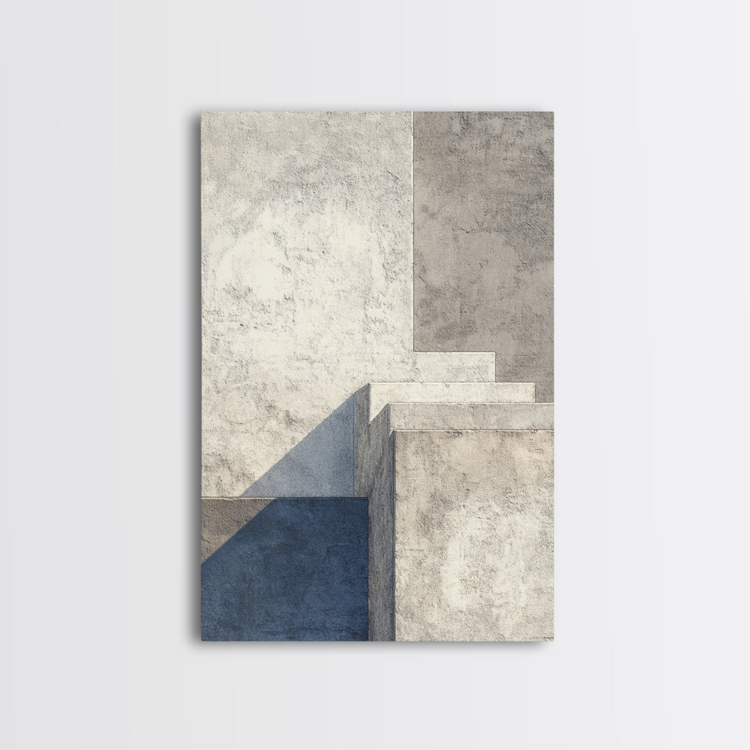 Minimal Concrete Stair Shadow Canvas Print, Modern Abstract Wall Art, Neutral Architectural Decor, Blue Beige Office Poster
