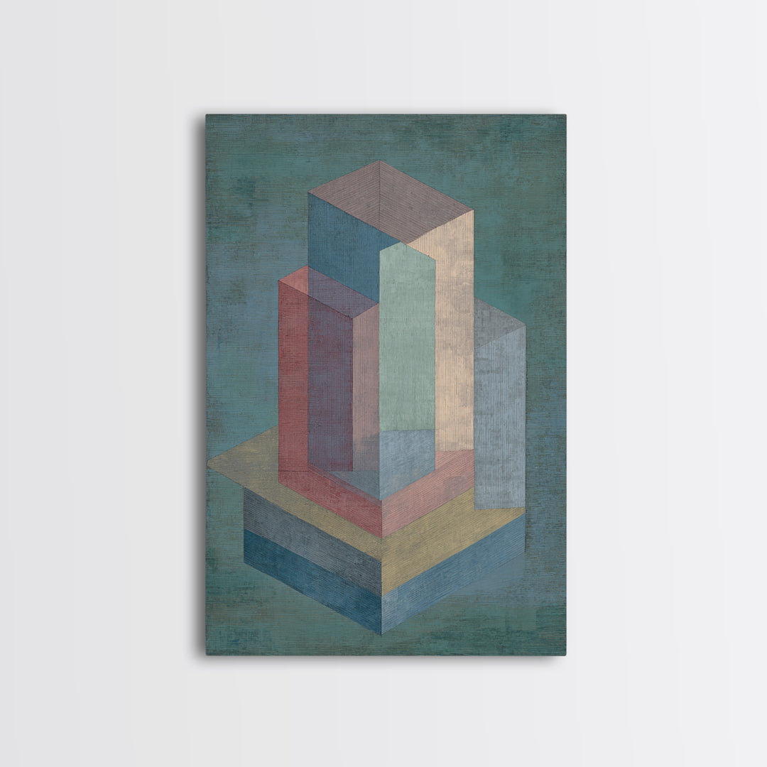 Teal Isometric Blocks Framed Canvas Print, Midcentury Modern Geometric Wall Art, Pastel Architecture Decor, MCM Artwork Print